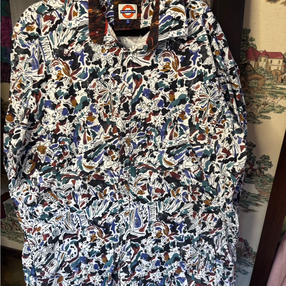 Men's Casual Button-Down Shirt - Abstract Floral Print in White, Blue & Green